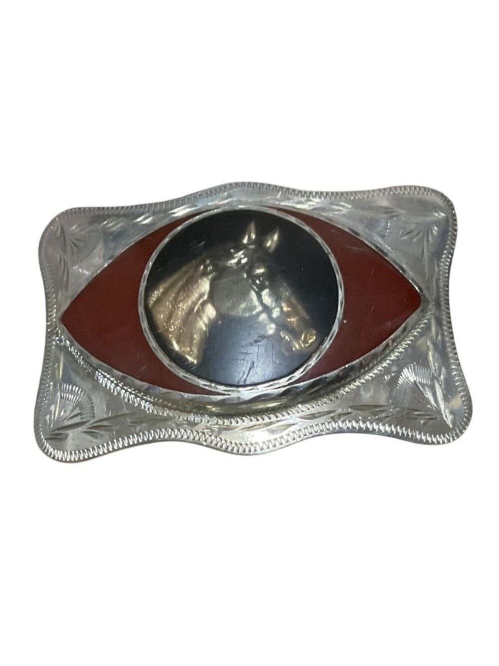 Horse Head Silver Tone Western Belt Buckle With Red & Black Inlay Design